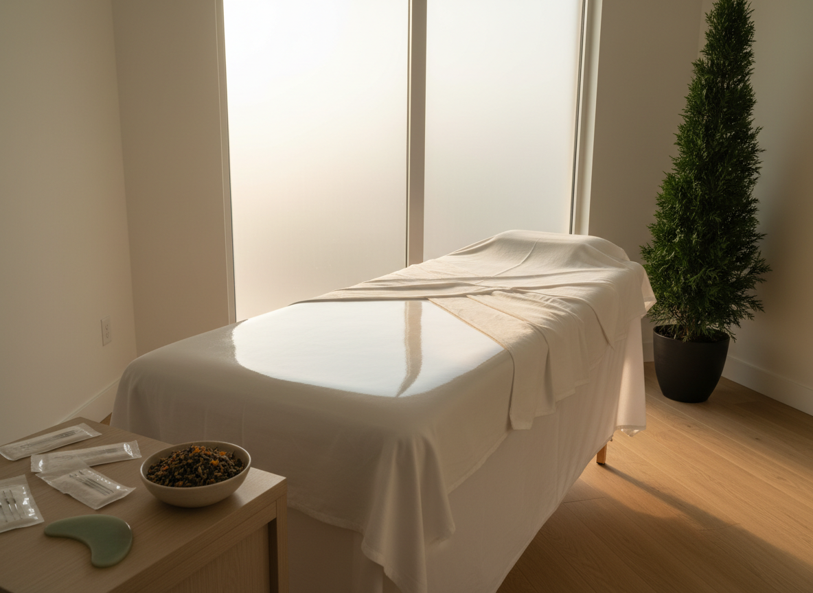 A polished white treatment table dressed in crisp, folded linens positioned in the center of a minimalist holistic clinic room. On a nearby light-wood side table rests a carefully arranged set of acupuncture needles in sterile packaging, a smooth jade gua sha tool, and a small ceramic bowl of loose herbal tea leaves. A tall potted cypress tree stands in the corner, its deep green foliage echoing the celestial nature theme. Diffused late-afternoon light filters through frosted windows, creating a soft glow and calm shadows. Photographic realism, shot from a slightly elevated angle with balanced composition, emphasizes cleanliness, professionalism, and a sense of restorative calm, perfect for a naturopathic medicine practice.