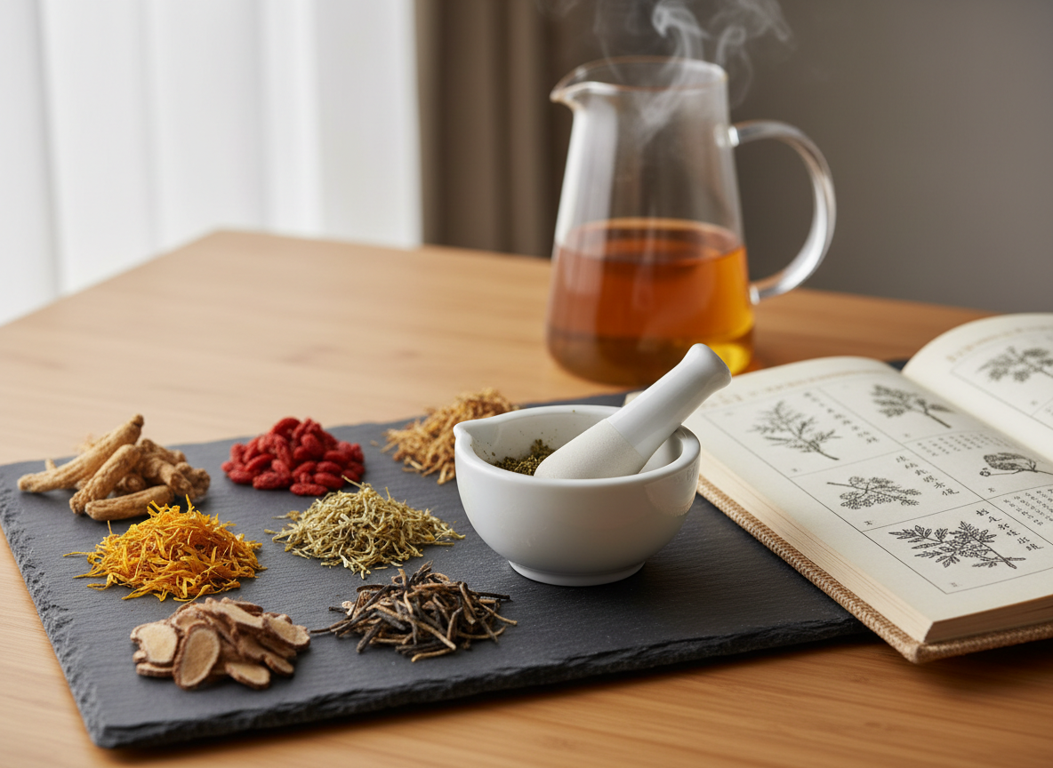 A close-up, photographic realism scene of traditional Chinese medicine elements arranged on a deep charcoal slate tray atop a pale bamboo surface. There are precisely portioned piles of dried roots, berries, and flowers in warm earthy tones, a porcelain mortar and pestle with faint herb residue, and an open, cloth-bound herbal pharmacopeia showing detailed botanical illustrations. In the background, slightly out of focus, stands a slim glass teapot filled with amber-colored herbal infusion, steam gently swirling upward. Soft, directional window light from the left creates delicate highlights on the porcelain and subtle texture on the herbs, with a calm, contemplative mood. Framed using the rule of thirds from a slightly overhead angle, the image feels refined, authentic, and deeply rooted in traditional healing practices.