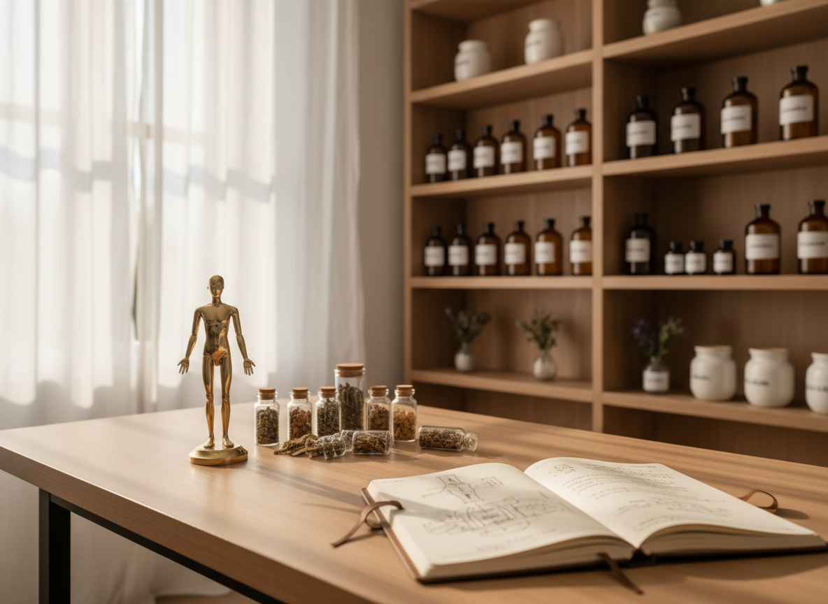 A tranquil naturopathic consultation space without people, featuring a natural wood desk neatly arranged with a brass acupuncture model, small glass vials of dried Chinese herbs, and an open notebook filled with precise handwritten diagrams. Behind the desk, floor-to-ceiling shelves hold amber apothecary bottles and neatly labeled herbal jars. Soft morning light pours through a large window framed by sheer white curtains, casting gentle shadows and subtle highlights on the wood grain. Shot at eye level in photographic realism with a shallow depth of field, the foreground objects are crisp while the shelves blur slightly. The overall mood is professional, serene, and holistic, with a clean, modern aesthetic that conveys trust and integrative natural medicine.