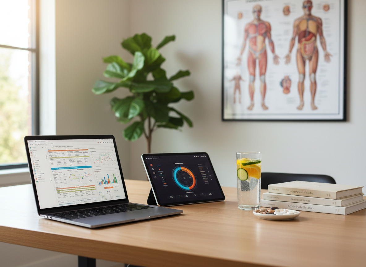 A modern functional medicine workstation with a slim silver laptop displaying a colorful, detailed functional lab report beside a sleek digital tablet showing a circadian rhythm chart, both resting on a smooth, pale oak desk. Nearby sit neatly stacked wellness journals, a glass of infused water with floating cucumber and citrus slices, and a small ceramic dish of assorted supplements. In the background, a large wall chart of human physiology and a leafy indoor plant add scientific yet natural context. Natural daylight from a nearby window mixes with warm overhead lighting, creating a balanced, professional atmosphere. Captured in photographic realism from a three-quarter angle, with sharp focus on the devices and gentle bokeh on the background, the mood is analytical yet holistic, emphasizing data-driven integrative care and lifestyle coaching.