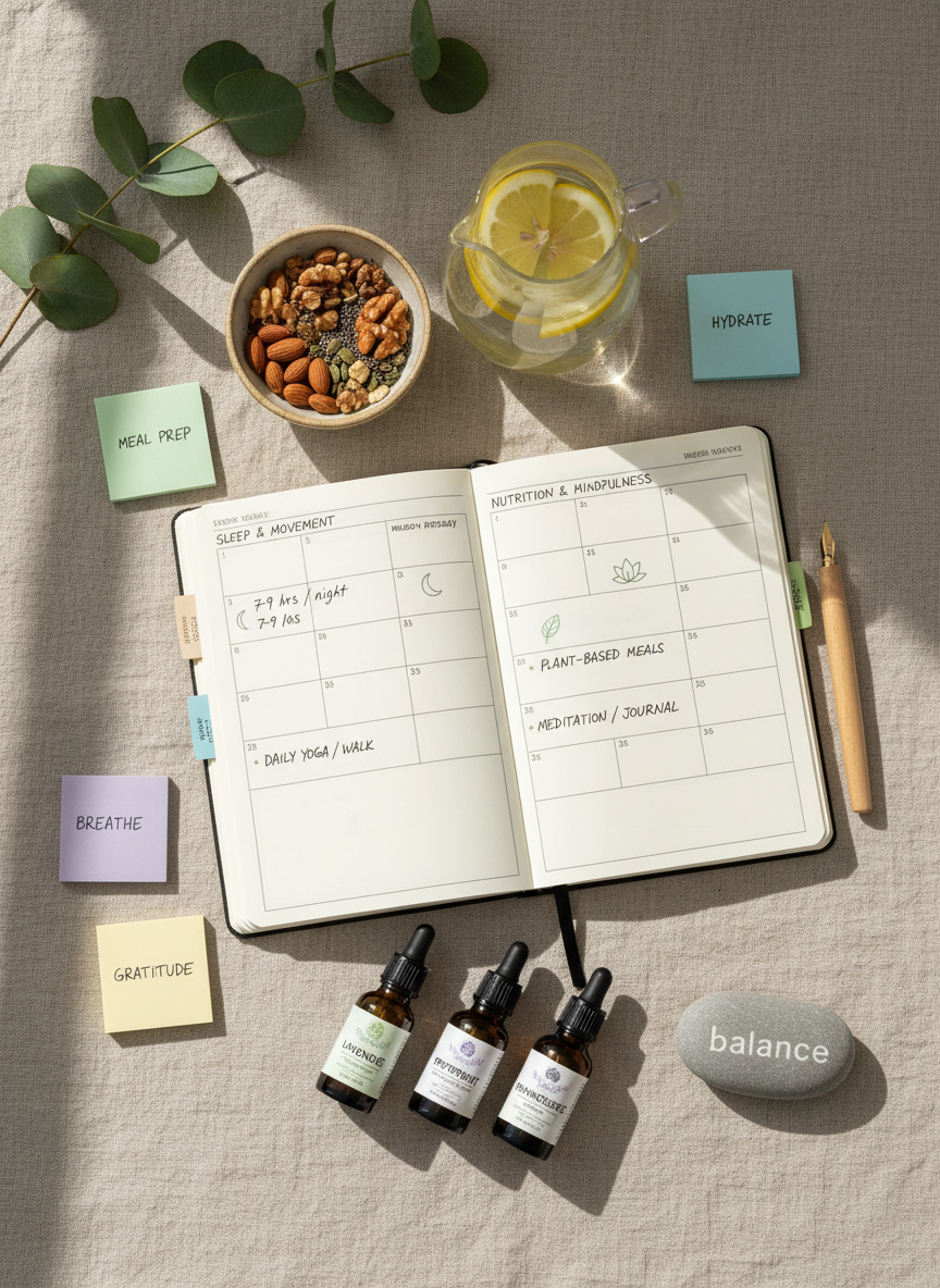 An overhead, photographic realism composition of a holistic lifestyle plan laid out on a natural linen cloth. At the center rests an open planner with handwritten weekly routines for sleep, movement, nutrition, and mindfulness, illustrated with small, neat icons. Surrounding it are color-coded sticky notes, a wooden pen, a ceramic bowl of mixed nuts and seeds, a glass carafe of lemon water, and a trio of essential oil bottles. A sprig of fresh eucalyptus and a small smooth river stone engraved with the word “balance” introduce organic texture. Soft, diffused morning light from an unseen window creates gentle, long shadows, evoking clarity and calm. The scene is clean, organized, and aspirational, capturing the essence of naturopathic lifestyle coaching and balanced living.